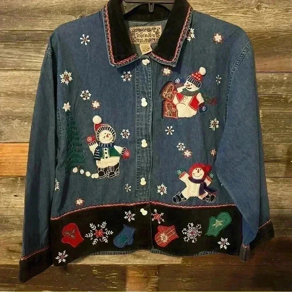 TonTrum Blues Jackets & Blazers - Vintage Ton Trums Denim Button Up Shirt Christmas Tree Snowman Medium
